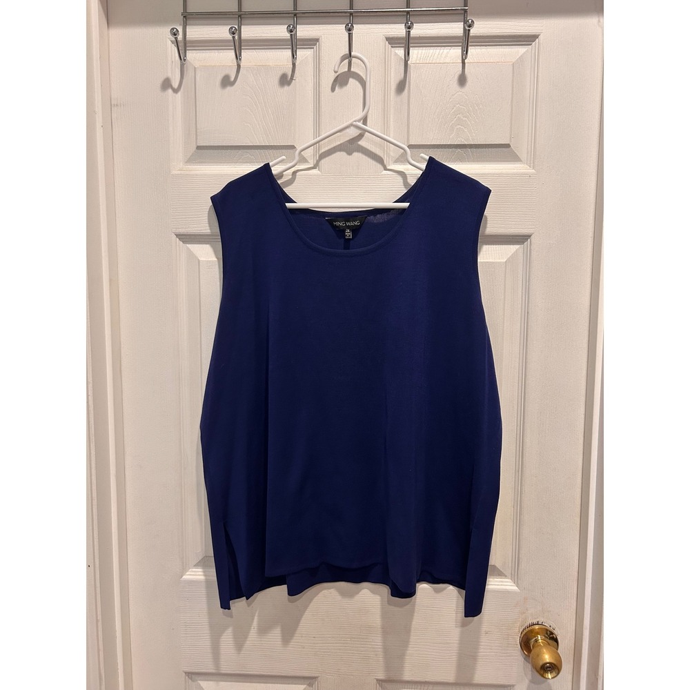 Ming Wang Womens 2X Royal Blue Sleeveless Knit Tank Top Scoop Neck Side Slits
